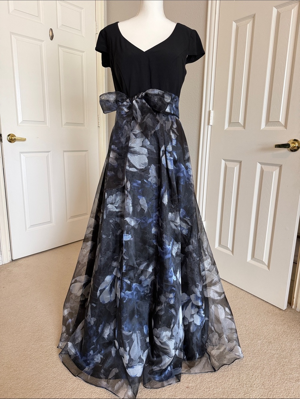 Black & Blue Floral Maxi Dress with Bow Waist